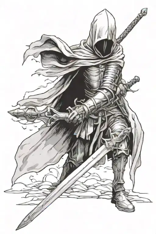 old hooded man knight holding a sword looking a little decayd by missing some of his body  tattoo design idea