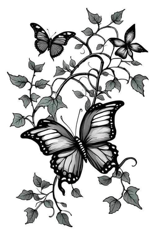 ivy, butterfly, vines, pop of color tattoo tattoo design idea