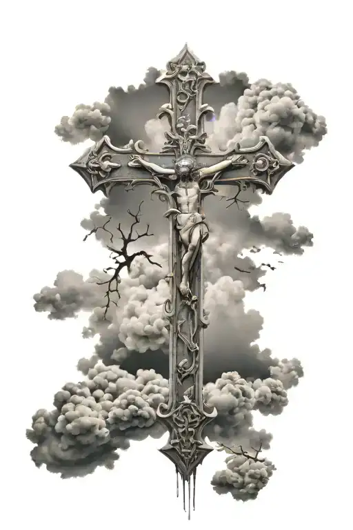 cross surrounded by grey clouds fading out tattoo design idea
