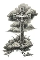 cross surrounded by grey clouds fading out tattoo design idea