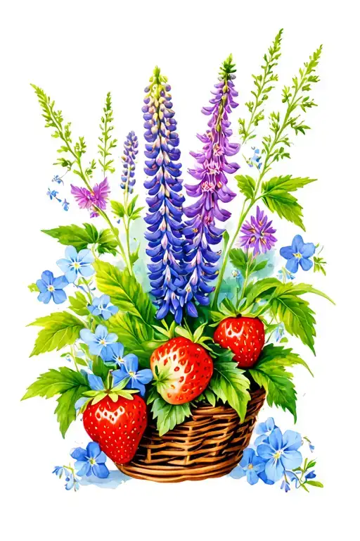 lupin and fireweed tangled around a berry basket with strawberry plants and forget me nots  tattoo design idea