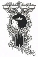 Four angelic or Archangel eye's crying like waterfall over a crucifix. tattoo design idea