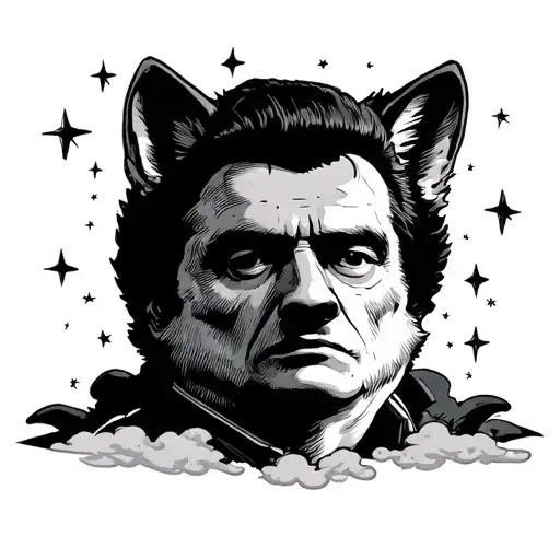 Johnny cash mugshot but face is space coyote from simpsons. add cloud to the bottom and stars in the background.  tattoo design idea