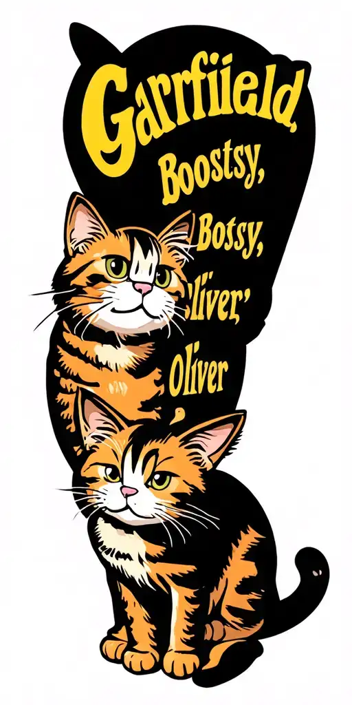 "Garfield, Bootsy, Oliver " three cats sitting side by side together, the cats are, an orange tabby cat, a calico cat, and an orange tabby cat tattoo design idea