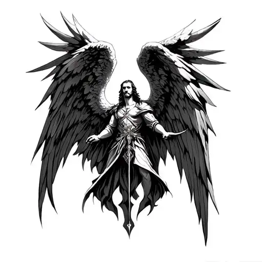 archangel samael in engraving style tattoo design idea
