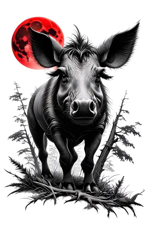 black warthog and red moon forest scene tattoo design idea