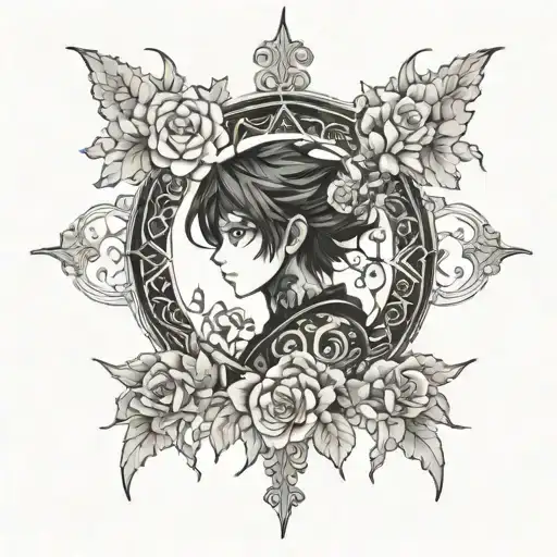 A tattoo design featuring a dark anime character surrounded by intricate floral patterns tattoo design idea