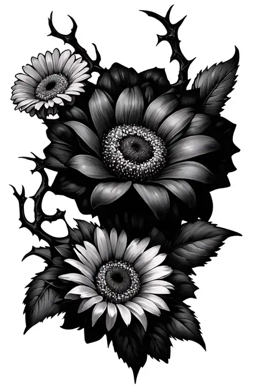 Show me a picture of a tattoo that is vine twisted with thorns that has daisies, colored daisies and Black Dahlia flower tattoo design idea