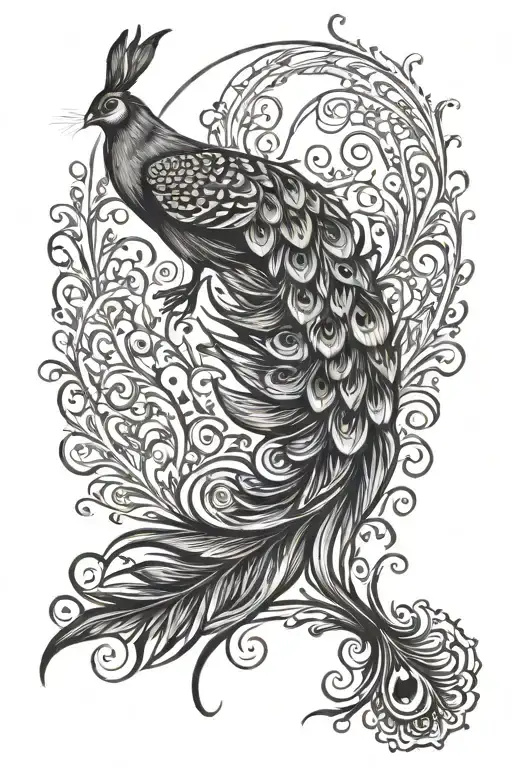 fire rabbit pisces peacock feather tattoo design idea