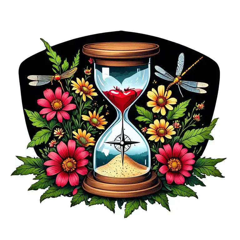 hourglass with bleeding heart as sand, abundant wildflowers surrounding, incorporate a compass and dragonfly tattoo design idea