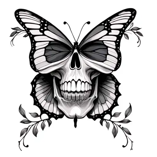 skull under butterfly tattoo design idea