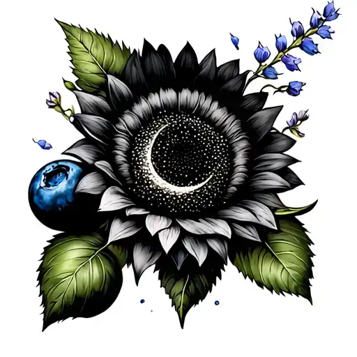 blueberries, sunflower, heather, moon tattoo design idea