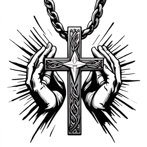 necklace with prayer hands holding a cross tattoo design idea