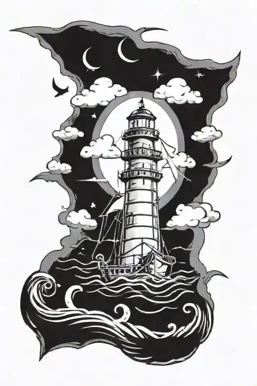 ship, lighthouse, and anchor  tattoo design idea