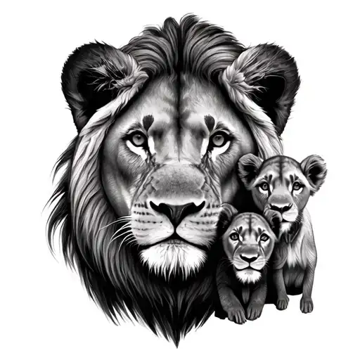 mama lion and 3 cubs face only tattoo design idea