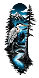 mountian,running water, cypress trees,great blue heron tattoo design idea