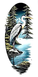 mountian,running water, cypress trees,great blue heron tattoo design idea