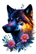 guardian wolf looking forward half womans face surrounded by upper celestial with cancer constelation lower half floral  tattoo design idea