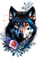 guardian wolf looking forward half womans face surrounded by upper celestial with cancer constelation lower half floral  tattoo design idea