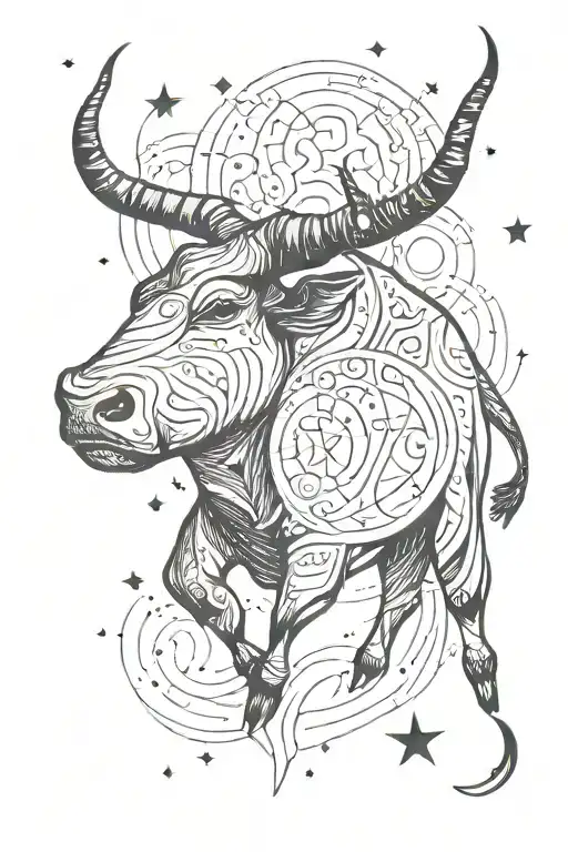 combination of: taurus bull and constellation, strength, resilience, plants, sun, moon, waves, mountains  tattoo design idea