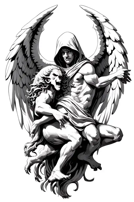 hooded arch angel defeating a demon tattoo design idea