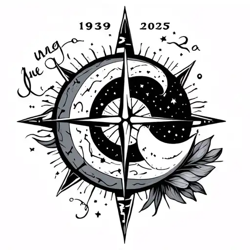 "1939-2025" Tattoo at the bottom of the back in tribute to my dad with the constellation of Aquarius a compass the moon and une flèc tattoo design idea