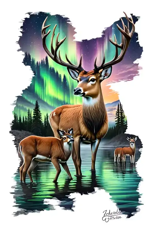 family of Deer in nature, northern lights, lake tattoo design idea