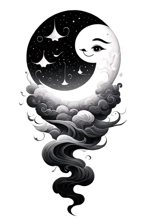psychadelic clouds fantasy smiling moon tattoo design idea