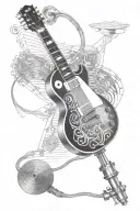 Gibson Les Paul guitar merging with 1 retro microphone and 20 piano keys  tattoo design idea