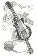 Gibson Les Paul guitar merging with 1 retro microphone and 20 piano keys  tattoo design idea