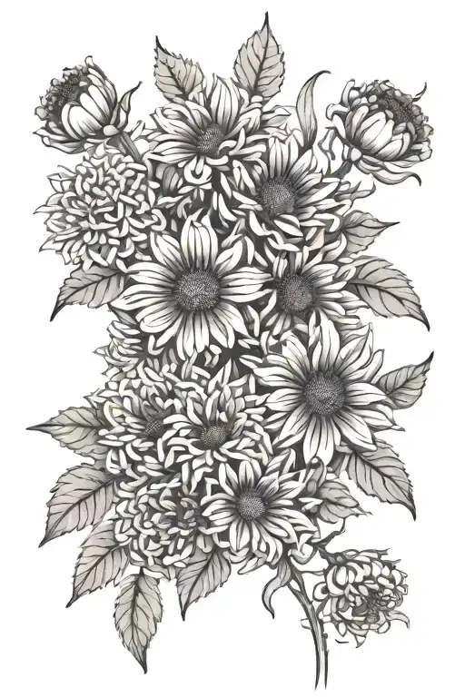 violet and chrysanthemium  flowers in a small bunch, fine line tattoo no color tattoo design idea