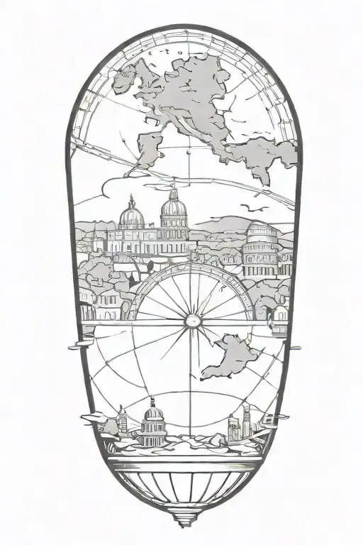 tattoo featuring rome landscape, compass, globe tattoo design idea
