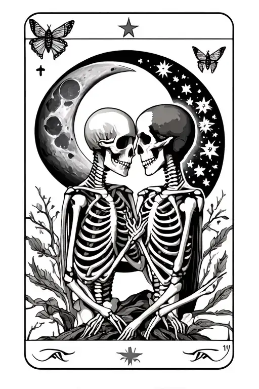 the lovers tarot card design featuring two skeletons intertwined, include the moon & sun, include moths, include stars tattoo design idea