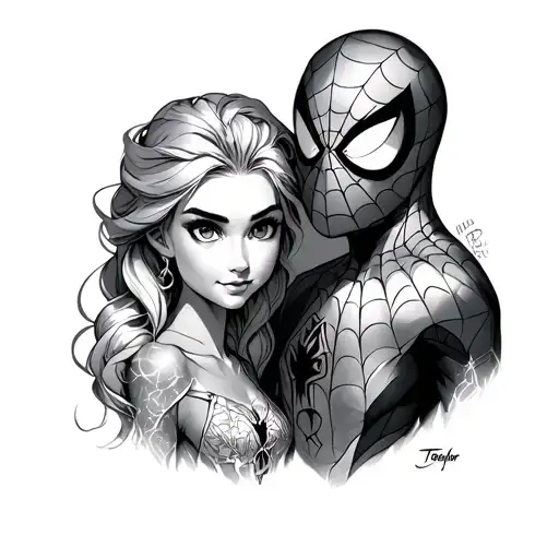 spiderman and elsa with the names taylor and carter tattoo design idea