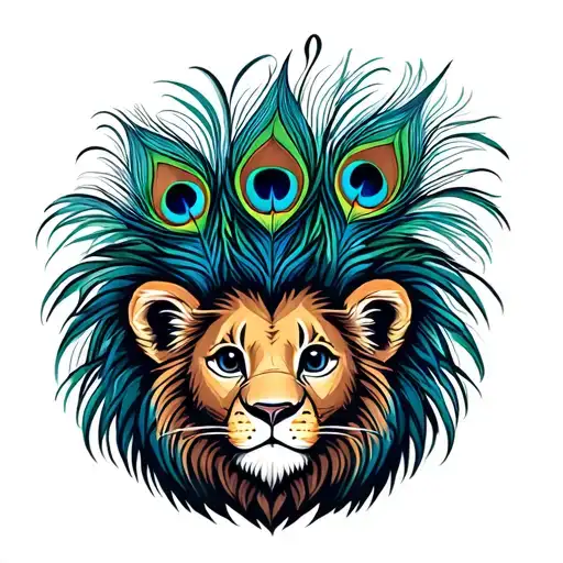 A lion cub whose mane is made of peacock feathers tattoo design idea