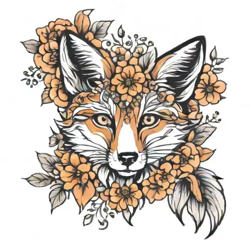 Fox with flowers surrounding tattoo design idea