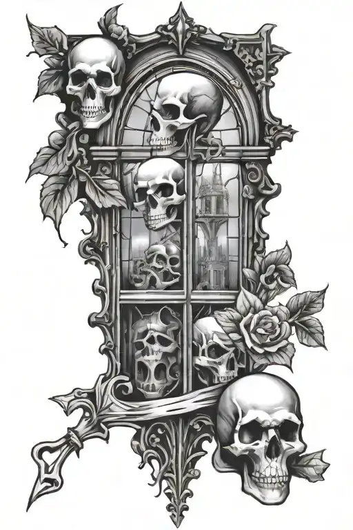 dark gothic theme with skulls and gothic windows tattoo design idea