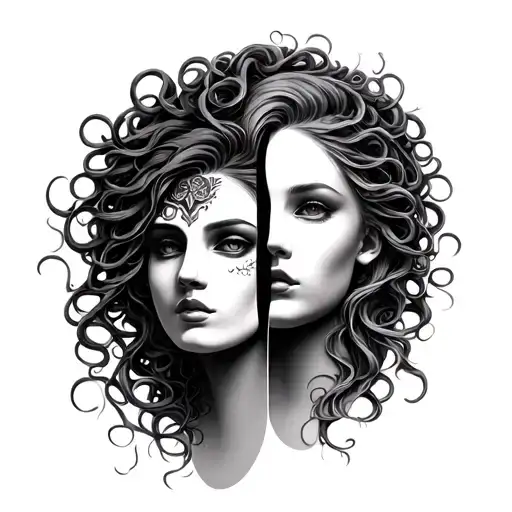 Medusa two face mask women face morphing tattoo design idea