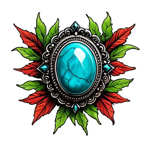 TURQUOISE WESTERN BROACH WITH BLACK MARBLE ACCENTS WITH GREEN LEAVES AROUND AND RED tattoo design idea