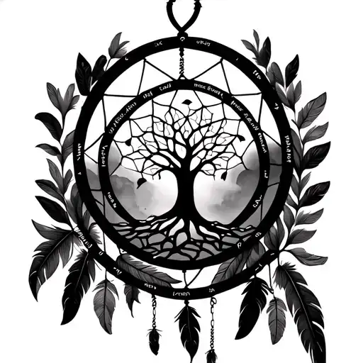 tree of life inside a dream catcher entangled with feathers and children's names on the string of the feathers tattoo design idea