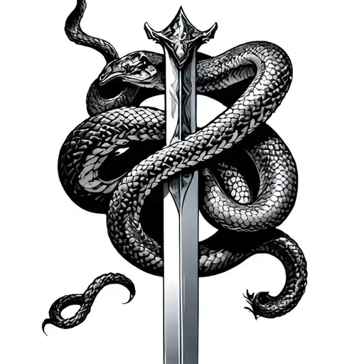 A claymore sword stabbing a snake wrapping around sword tattoo design idea