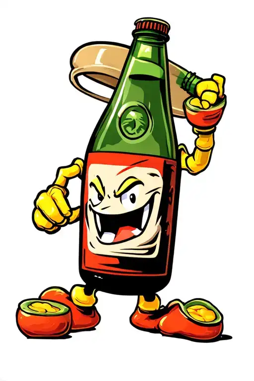 A cartoon-style illustration of an anthropomorphized Molotov cocktail with a mischievous grin. The bottle has large, exp tattoo design idea