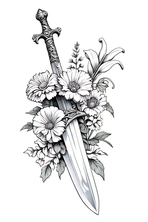 Black & White Sword wrapped with 2 Carnations, 1 Violet, 1 Lily, 4 Larkspur, 1 Poppy, 1 Aster, 1 Chrysanthemum tattoo design idea