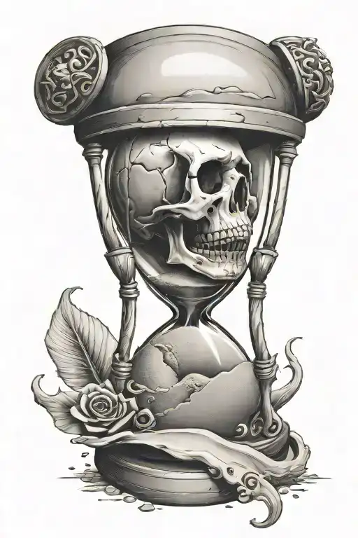 an hourglass filling with sand and a skull inside catching the sand it it's hands tattoo design idea