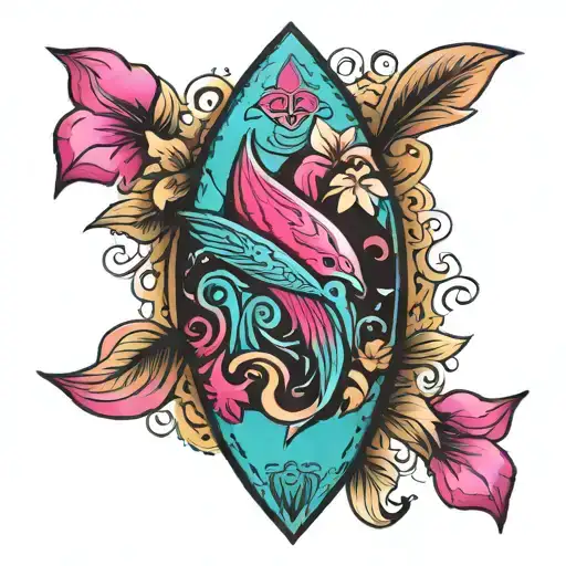 Turquoise blue surfboard turning fuchsia pink tattoo design idea