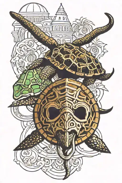 Florida turtle with a longhorn head with cocovado and the Colosseum and the Venice mask tattoo design idea