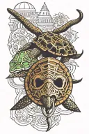 Florida turtle with a longhorn head with cocovado and the Colosseum and the Venice mask tattoo design idea