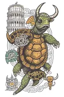 Florida turtle with a longhorn head with cocovado and the Colosseum and the Venice mask tattoo design idea