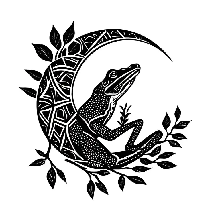 Kambo frog, ayahuasca branch with leaves, waning crescent moon tattoo design idea