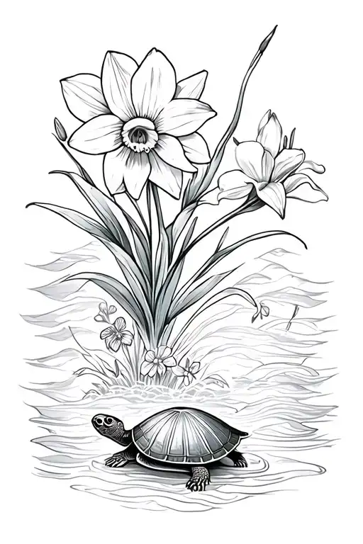 small narcissus flowe at top  vertical minimalist waves going down then a small turtle with lily's and violets in shell tattoo design idea